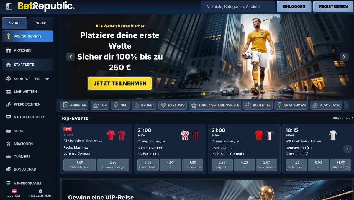 Wer das umfangreichste Bonuspaket sucht, findet bei Betrepublic einen erstklassigen Wettanbieter ohne LUGAS mit 2.000 Euro Bonus und der Freiheit, Paysafecard ohne LUGAS-Limits zu nutzen.